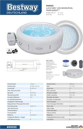Надувний джакузі Bestway Lay-Z-Spa Paris AirJet з LED-підсвіткою для 6 осіб, 196 x 66 см