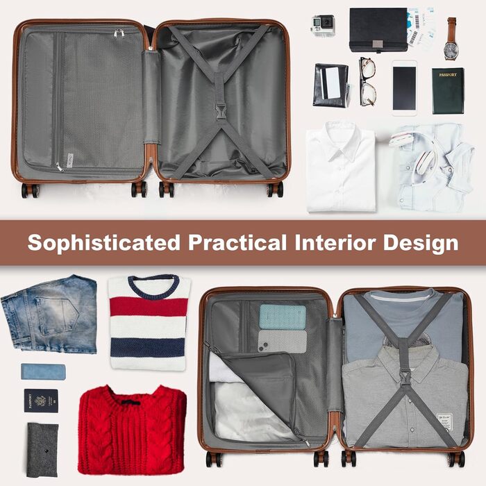 KONO Чемодан ручної поклажі на коліщатках, розширюваний, 55x39x20 см, з жорстким корпусом, 37 л, з TSA-замком, колір бежево-коричневий, розмір L (65 см)