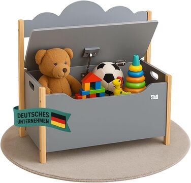 Дерев'яна іграшкова скриня Coemo з банківкою, біла, Trudi, 60x26x55 см – для дитячої кімнати, з місцем для зберігання, безпечним шарніром, зручною висотою, декоративним дизайном хмари (сірий)