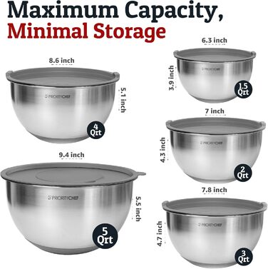 Набір міксерів PriorityChef з нержавіючої сталі з кришками, 3 насадки-терки, герметичні кришки, силіконова антиковзаюча основа, великі кухонні миски для приготування їжі, зелений (сірий)