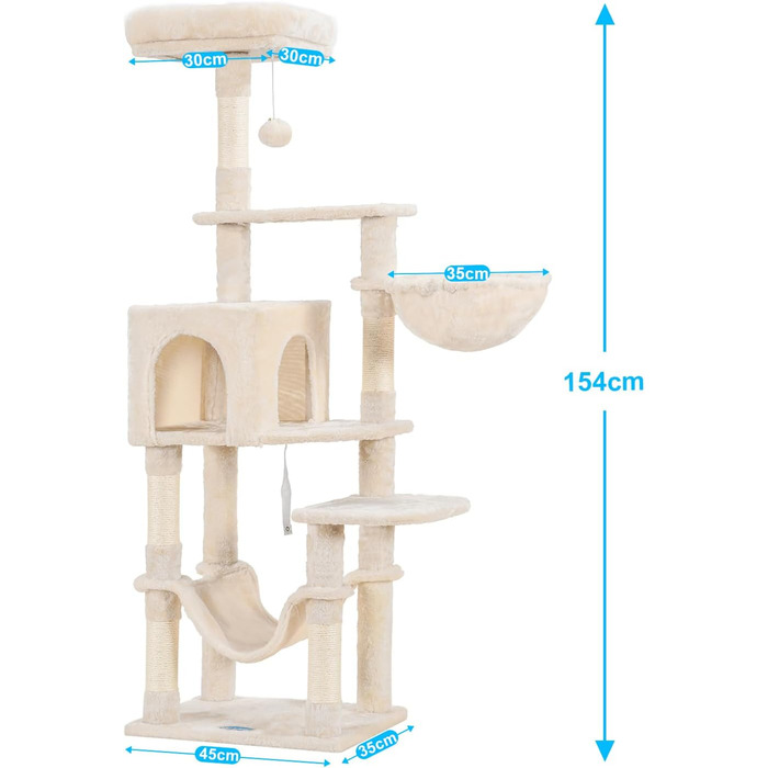 Кігтеточка Hey-brother 154 см, стійка, з сизалевою мотузкою, гамак, кошик, будиночок, платформа, бежева, EMPJ050W