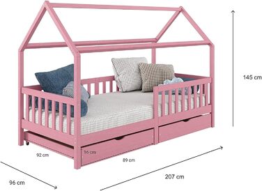 Ліжко IDIMEX house NUNA з масиву сосни, ліжко Монтессорі 90 х 200 см із захистом від падіння, ігрове ліжко з висувними ящиками, сучасне дитяче ліжко з дахом в (троянда)