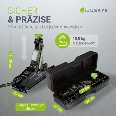 Підйомник гідравлічний Juskys 2.5 т, сталевий, 85-390 мм, з кейсом, гумовими накладками та аксесуарами - Чорно-зелений