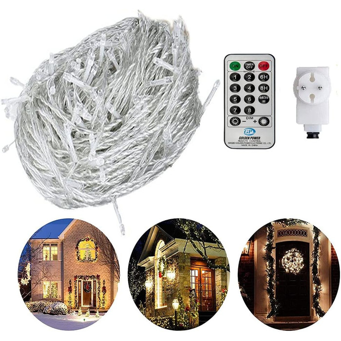 Гірлянда святкова 100м, вологостійка, для дому та саду, з пультом, 8 режимів, тепле світло (біла)
