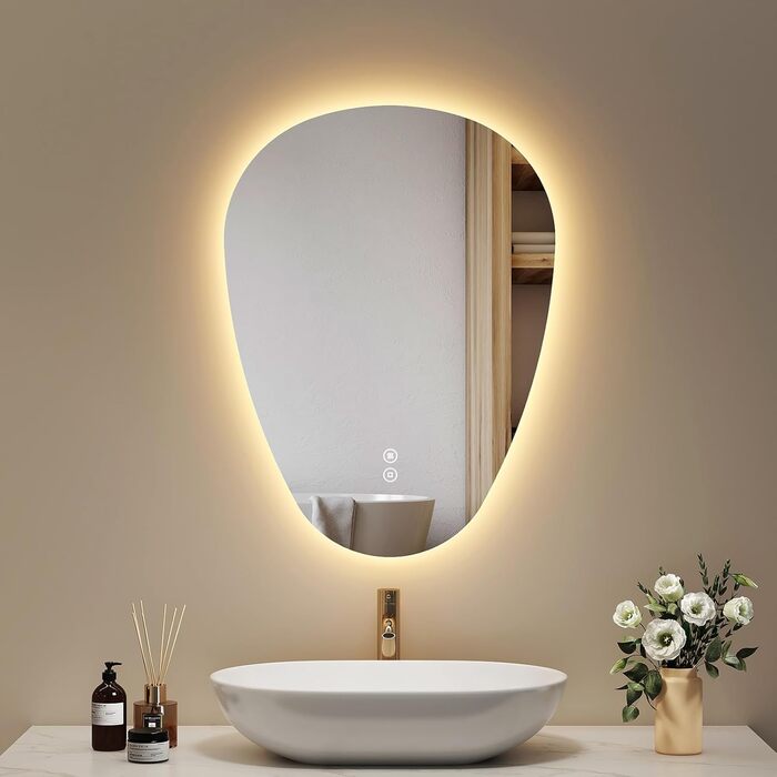 Дзеркало для ванної кімнати EMKE з підсвічуванням 80x60 см, з полицею, антизапар, регульоване холодне біле світло 6500K, сенсорне управління, функція пам'яті, асиметричне дзеркало для ванної кімнати (70L x 50B см)