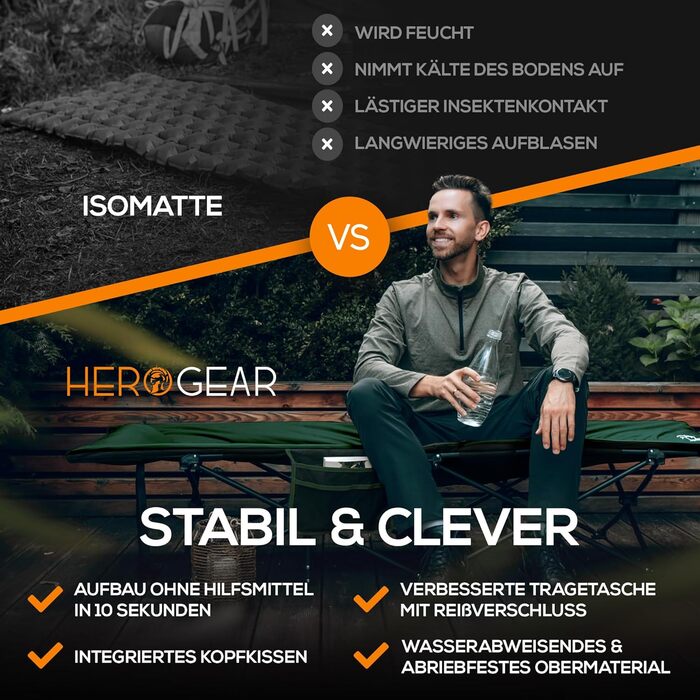 Розкладне польове ліжко HEROGEAR з м'яким бавовняним наповнювачем, вбудована подушка та матрац, гостьове, кемпінгове, пляжне, садове, дорожнє ліжко для дорослих, розмір 190×67 см