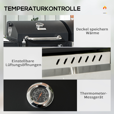 Outsunny Grillwagen Gasgrill з 2+1 пальником, термометром, 3 кВт вугільним грилем з полицею, бічною підставкою, гачками, гриль для кемпінгу зі шлангом для саду, балкону, чорний | Aosom