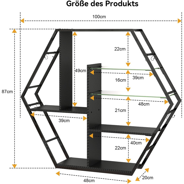 Підвісні полиці YU YUSING з RGB підсвічуванням 7 кольорів, геймерські полиці з 8 гачками, стелажі для демонстрації, настінні вітрини з 2 скляними полицями, підвісні шафи для спальні, кухні, бару, ігрової кімнати, декор, гексагон, карбонове покриття