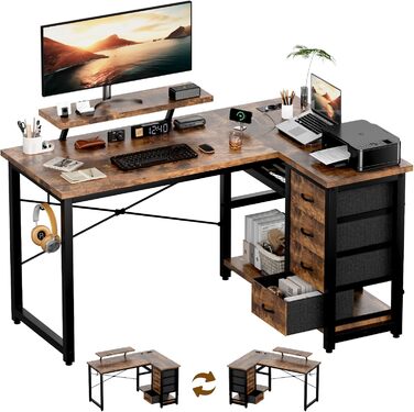 Кутовий стіл Devoko з 4 висувними ящиками з тканини, 2 розетками та 2 USB-портами, для дому та офісу, ігор, білий, 140x80 см