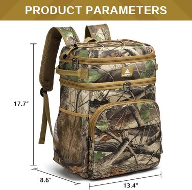 Рюкзак-холодильник Laripwit 54 банки: ізольований рюкзак-термос з двома відсіками та відділенням для холоду. Ідеальний для пікніків, подорожей, кемпінгу, пляжу. Об'єм 33л, камуфляж, еластична шнурка.