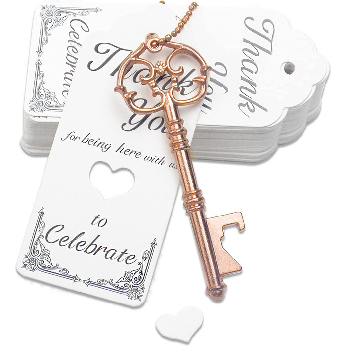 Вінтажний ключ-скелет, 52 шт., відкривачка для пляшок, весільний подарунок, сувенірний набір для гостей, Подарункова листівка і брелок для ключів (Рожеве золото)