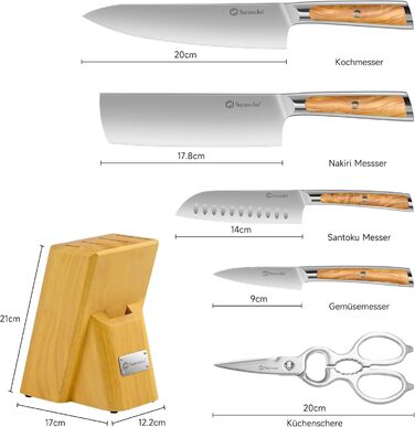 Набір ножів Sunnecko 6 шт. з підставкою – кухонний набір ножів, кухонні ножі з ергономічними ручками, гострими лезами, підставка з нержавіючої сталі та акації