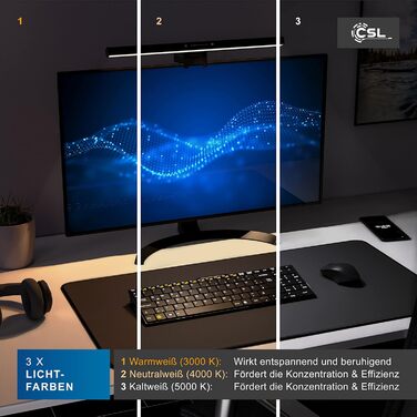 LED-лампа для монітора CSL Screenbar USB з пультом, регулювання яскравості, 3 колірні температури, захист очей, поворотна