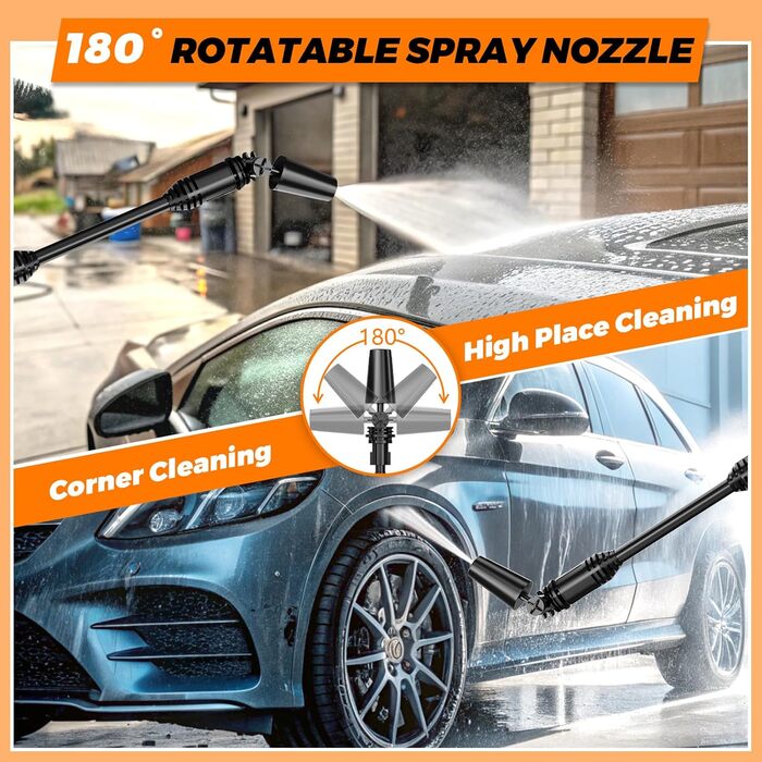 Акумуляторний високонапірний мийник Gisam, 65 Bar, 943 PSI, 2 x 4000mA, з піноплавником, 6-в-1 насадка, поворотна на 180° для авто (Gisam-01)