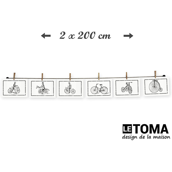 ЛеТОМА - мотузка для фотографій з 16 затискачами, включаючи запатентований тримач для мотузки, ідеально підходить для швидкого розвішування фотографій і листівок-мотузка для фотографій з високоякісної натуральної конопель-ручна робота в Німеччині (200 см 