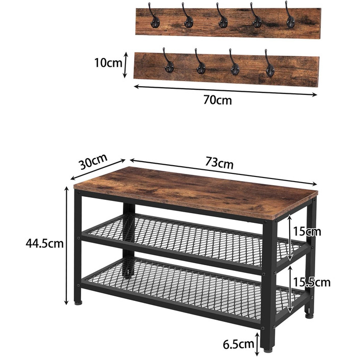 Вішалка для взуття Набір лавок для взуття, Вішалка для одягу з лавкою, Вішалка для взуття з сидінням, 9 гачків, Промисловий стиль, Металевий каркас, для передпокою, Вхідна зона, Темний Коричневий-Чорний EBF17MT01 73 x 30 x 44,5 см Темно-коричневий, Чорний