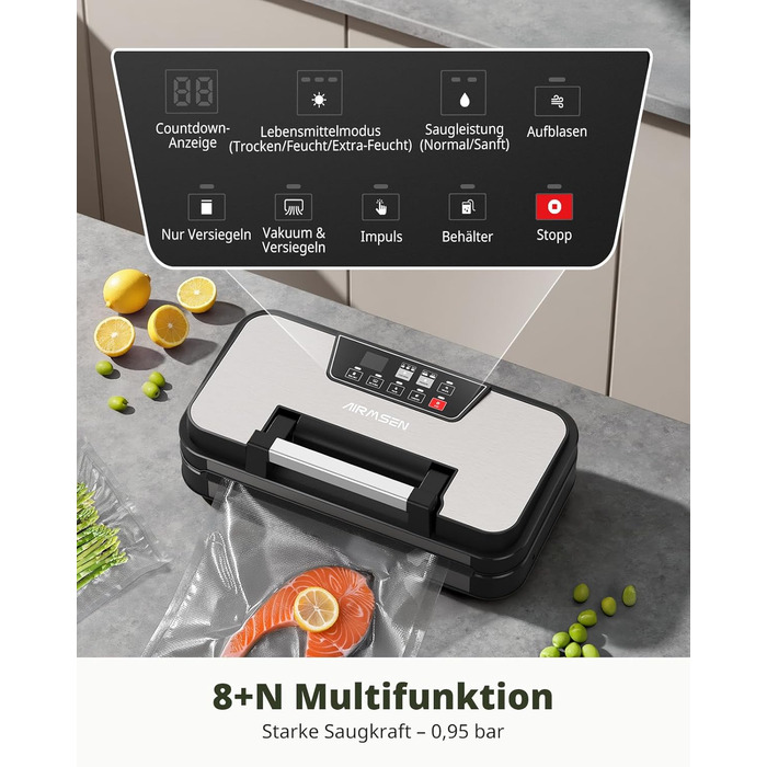 Вакууматор AIRMSEN 95 кПа з функцією підкачки, професійний вакуумулятор для сухих та вологих продуктів, 120 Вт, з відсіком для рулонів, різаком та шлангом, подвійний шва 2x3 мм