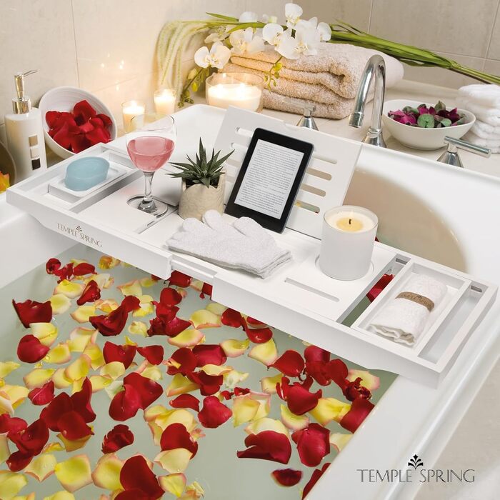 Підставка для ванни Temple Spring з дерева, дерев'яна підставка для ванни, дерев'яне підношення для ванни, аксесуари для ванної кімнати, спа-стіл для ванни (білий)