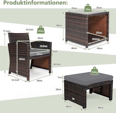 GIANTEX Набір садово-розслаблюючих меблів з ротангу для балкону/саду (2 крісла з пуфами), сірі подушки