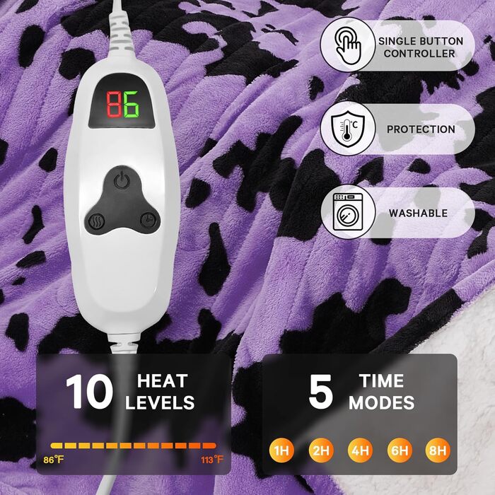 Електрична гріюча ковдра з принтом корови, повний розмір 183x213 см, фіолетова, 10 режимів нагріву, автоматичне вимкнення через 8 годин, флісова ковдра з декором гірської породи худоби, Sherpa