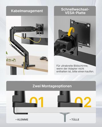 Підставка для монітора monTEK, 17-57 дюймів, газліфт, 27 кг, VESA 75/100 мм, білий/чорний