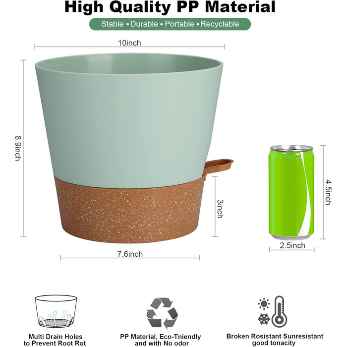Набір з 2 горщиків для квітів 25.4 см, пластик, з системою поливу, для дому, балкону, саду, сукулентів, кактусів (зелений, коричневий)