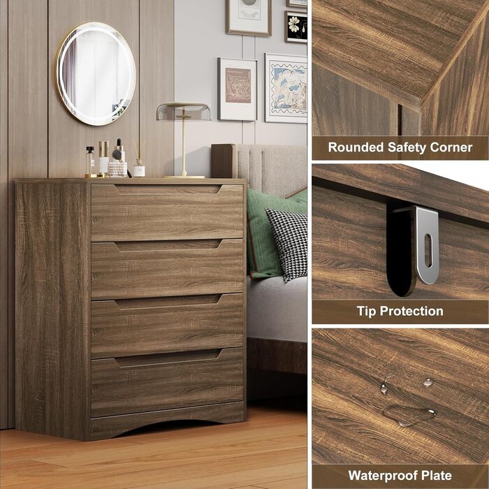 Комод Bealife для спальні з 4 великими шухлядами, комод-шафа з вирізаними ручками та блокуванням від перекидання, шафа-тумбочка ідеально підходить для вітальні, офісу (світло-сірий)