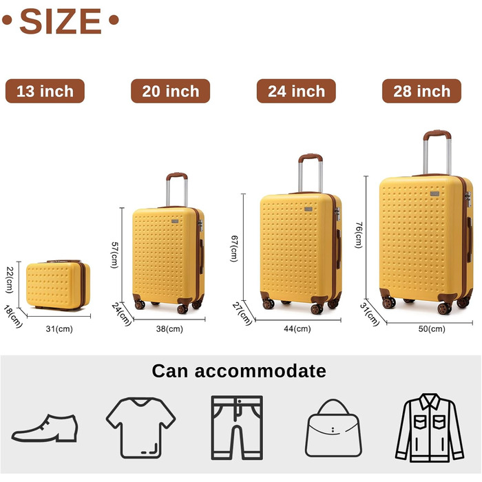 Набір валіз KONO: 4 валізи з ABS пластику, коліщата Spinner, TSA-замок, жовтий колір