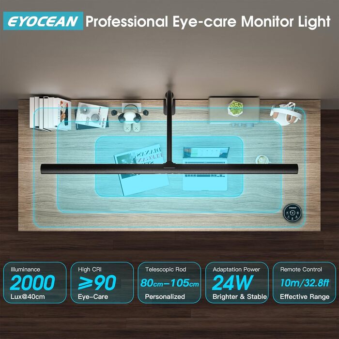 LED лампа настільна EYOCEAN 24W, 80см з жестами, диммування, захист очей, для офісу, читання, архітекторів, дизайнерів, чорна