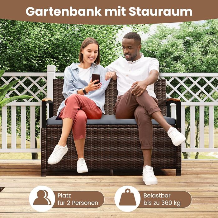 Лавка садова Costway з ротангу Polyrattan, з ящиком для зберігання, 2-місна, сіра (120x61x84 см) для балкона, тераси, саду з подушками