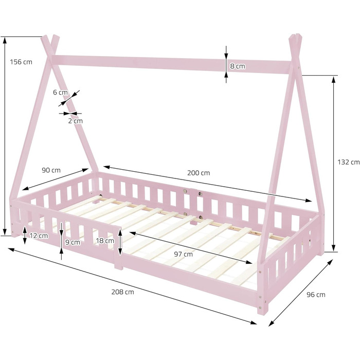 Дитяче ліжко ML-Design Teampee із захистом від падіння з висоти та рейковим каркасом, сосна, індійське Ліжко з масиву дерева для дівчаток та хлопчиків, Ліжко-будиночок з огорожею Дитячий будиночок Молодіжне ліжко-намет (90х200 см з матрацом (В 16 см), рож