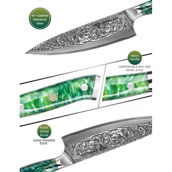 Ніж кухарський 20 см Xuan Серія VG10 Дамаська сталь, ручка з харчового пластику (смарагдовий)