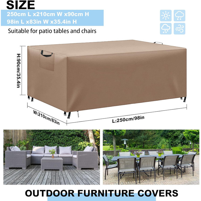 Водонепроникний чохол для садово-патіо меблів, захист від вітру та УФ-променів, міцний, 420D Oxford, 180x120x74 (Хакі, 250x210x90см)