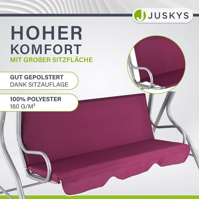 Садова гойдалка Juskys на 3 місця з регульованим дахом та м'якою подушкою, до 200 кг, водовідштовхувальний поліестер, протиковзкі ніжки, для саду та тераси, бордова