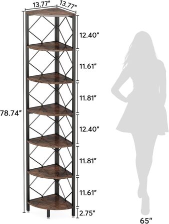 Ярусна кутова полиця, 200см, промислова вузька книжкова шафа для невеликих приміщень, дерево, вітальня, 7-