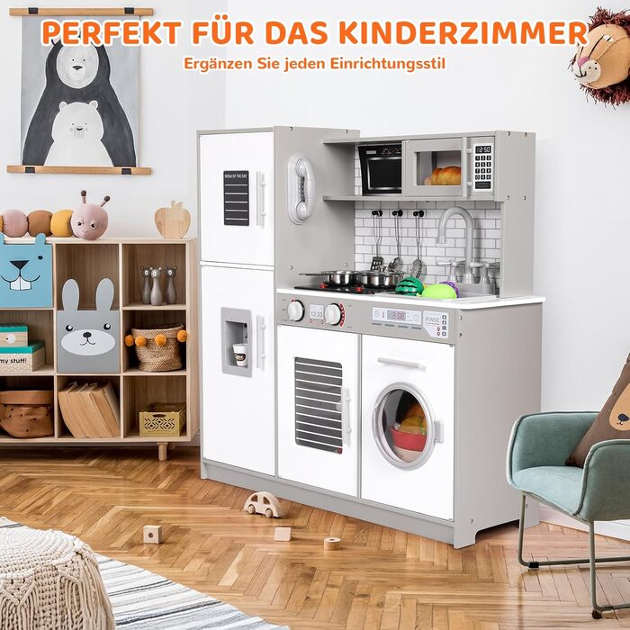 Дерев'яна дитяча кухня MAMIZO з підсвіткою та звуком, 82x80x25 см. Комплектація: аксесуари. Підходить для дітей від 3 років. Білий (сіро-білий) колір.