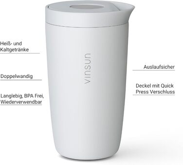 Термокружка VINSUN 350 мл з нержавіючої сталі, подвійні стінки, Quick Press, для кави та інших напоїв