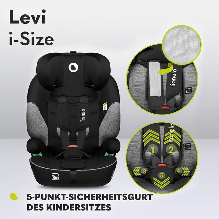 Автокрісло Lionelo Levi i-Size 76-150см R129, група 1/2/3, чорно-сірий, з Memory Foam та Dri-Seat