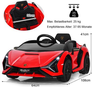 Електромобіль для дітей DREAMADE Lamborghini 12V з пультом, ременем безпеки, підсвічуванням, музикою та сигналом, червоний, від 3 років