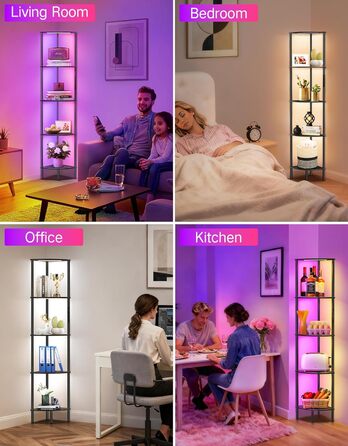 LED торшер з полицею, 3 режими світла, димування сенсором та пультом, кутова полиця з 5 рівнями, вузька книжкова шафа для вітальні, спальні, офісу (Чорний з RGB)