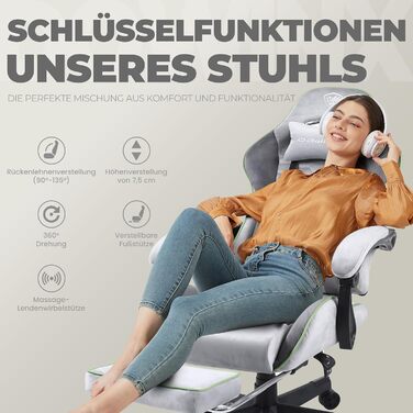 Ігровий крісло Dowinx з підголовником та підставкою для ніг, тканинне, з масажем, чорно-зелений, ергономічне, для офісу та ігор