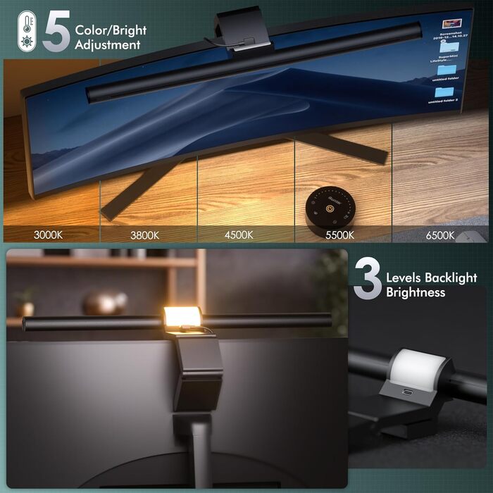 Quntis Лампа для монітора з підсвічуванням 42,5 см, RGB, з пультом дистанційного керування, регулювання яскравості та колірної температури, для офісу та дому