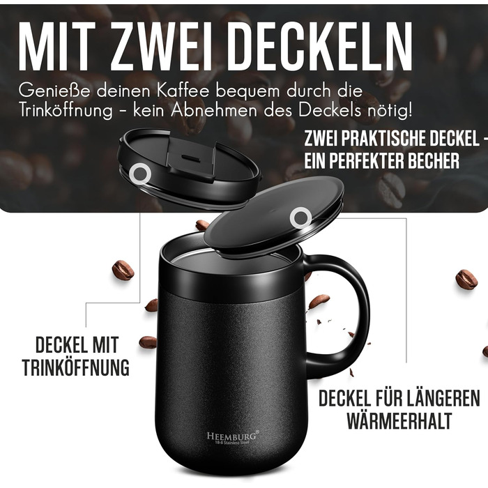 Термокружка з ручкою, подвійні стінки, вакуумна ізоляція, нержавіюча сталь 18/8, з 2 кришками, протиковзке дно, 440 мл, для офісу та робочого місця