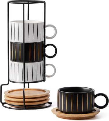 Набір кавових чашок Cappuccino HOME DECOR (4 шт, 160 мл) з підставками та стійкою - 160 мл, Stripe, кераміка