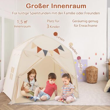 Дитячий ігровий будиночок COSTWAY, намет для дітей з прапорцями та гірляндою, намет принцеси, великий намет для дитячої кімнати для хлопчиків та дівчаток від 3 років, 157 x 98 x 148 см (Бежевий)