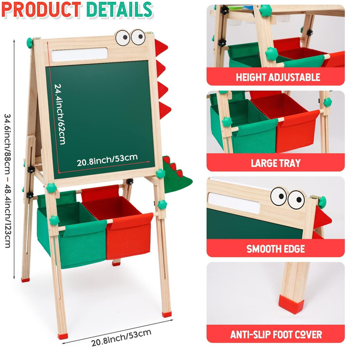 Дитячий мольберт Arkyomi з регулюванням висоти, двостороння дошка та дошка з аксесуарами від 3 років