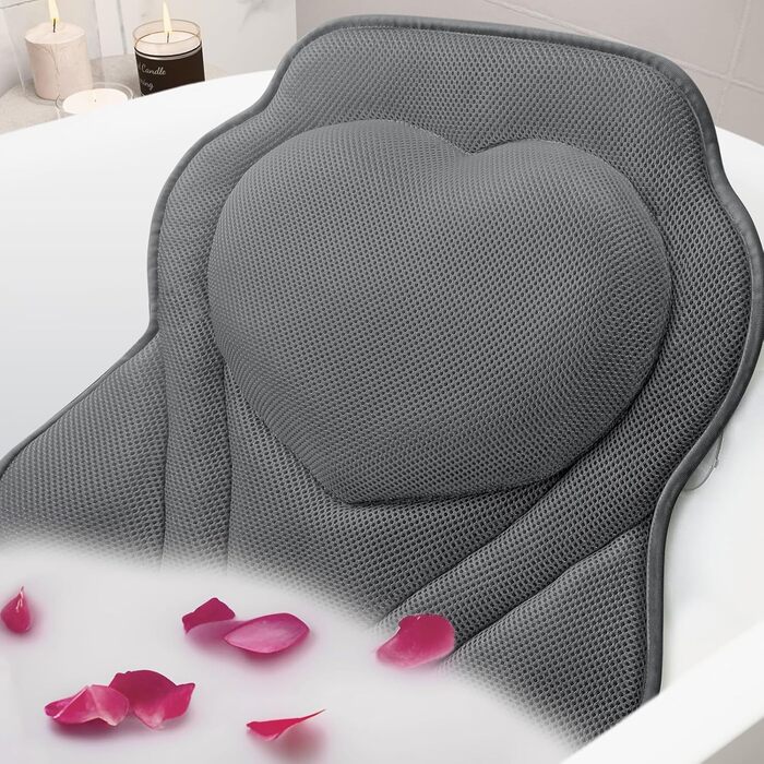 Подушка для ванни LuxStep з Air-Mesh тканини та 6 антиковзними присосками, для підтримки голови, шиї та спини, аксесуар для ванної кімнати, сірий колір