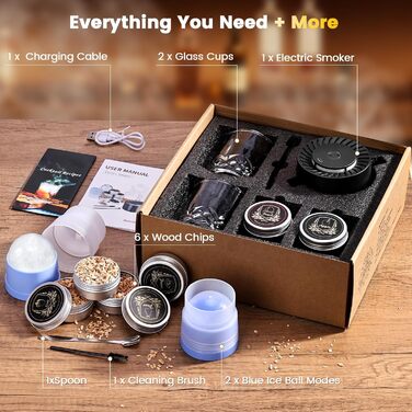 Набір для копчення коктейлів віскі: 6 смаків тирси, 2 склянки, форми для льоду, для віскі Old Fashioned, подарунок для чоловіків