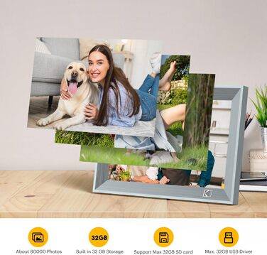 Цифровий фоторамка Kodak 10 дюймів з Wi-Fi, акумулятором 4000mAh та 32GB пам'яті, IPS HD сенсорний екран, авто-поворот, для перегляду фото та відео (10 дюймів, сірий)