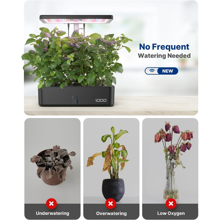 iDOO Гідропонна система для вирощування рослин, розумний сад, WiFi, з LED-лампою, вентилятором, таймером, для вирощування трав, 12 посадкових місць